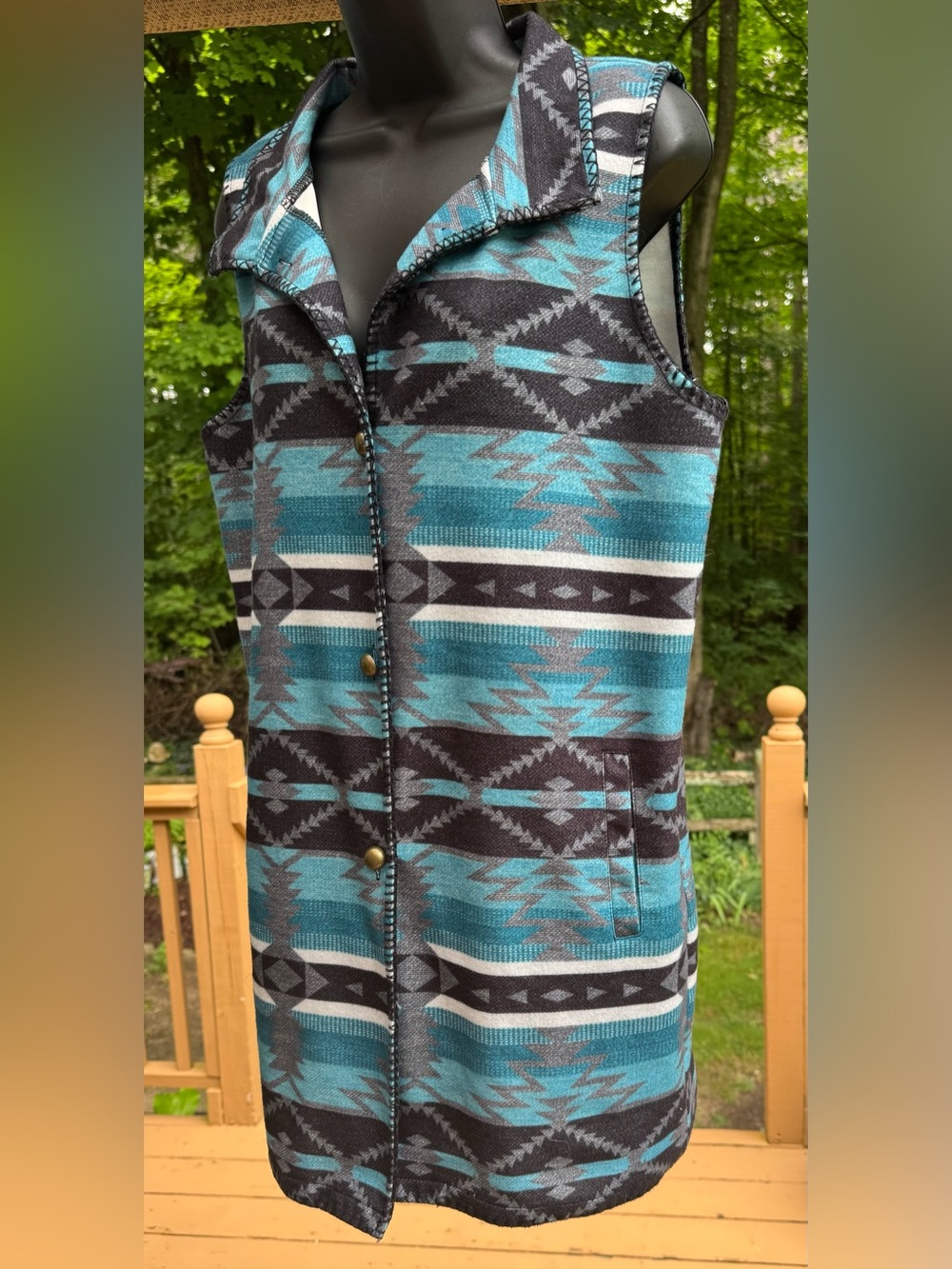 Turquoise Aztec-Pattern Button-Down Vest - Picture 5 of 13